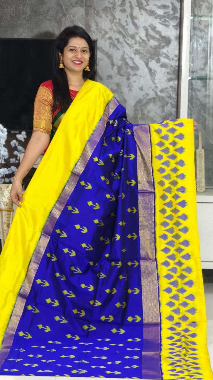Pure Pochampally Ikkat Silk Body Color Blue Border Pallu Yellow - pochampallysarees.com