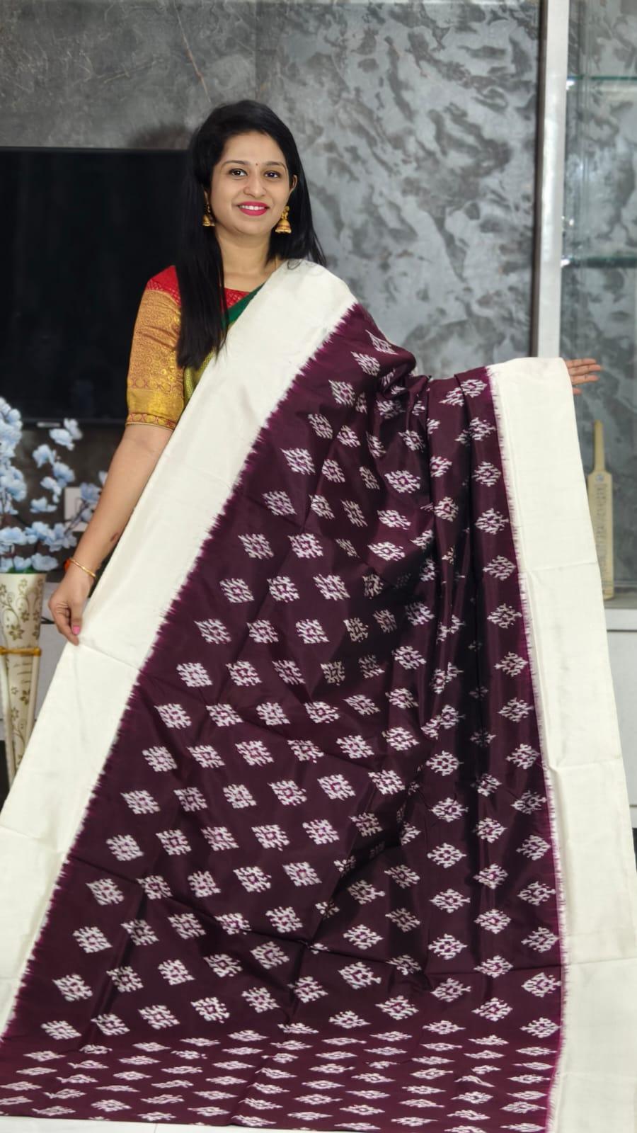 Pure Pochampally Ikkat Silk Body Color Chocolate Pink Border Pallu White - pochampallysarees.com