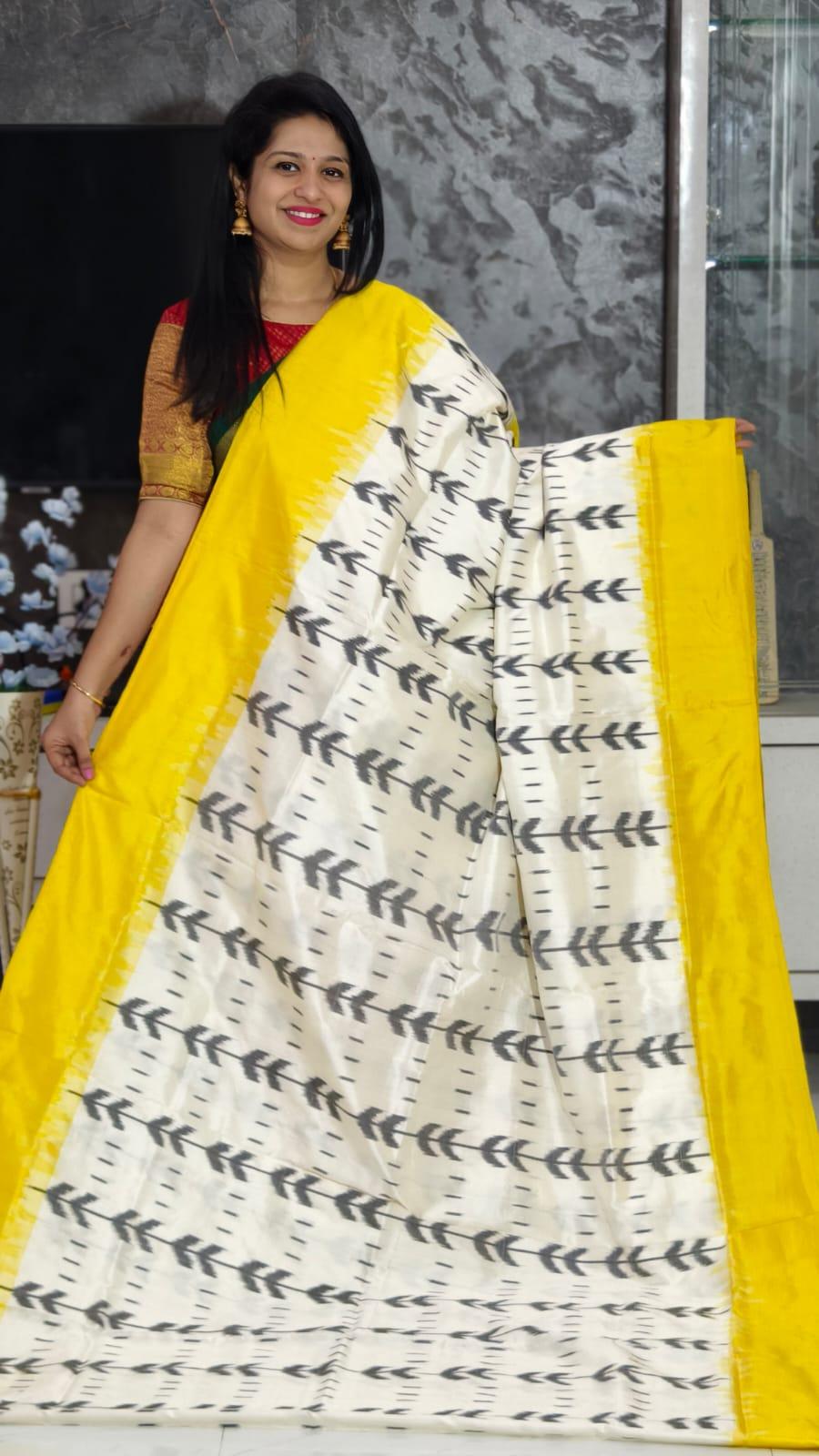 Pure Pochampally Ikkat Silk Body Color Cream Border Pallu Yellow - pochampallysarees.com