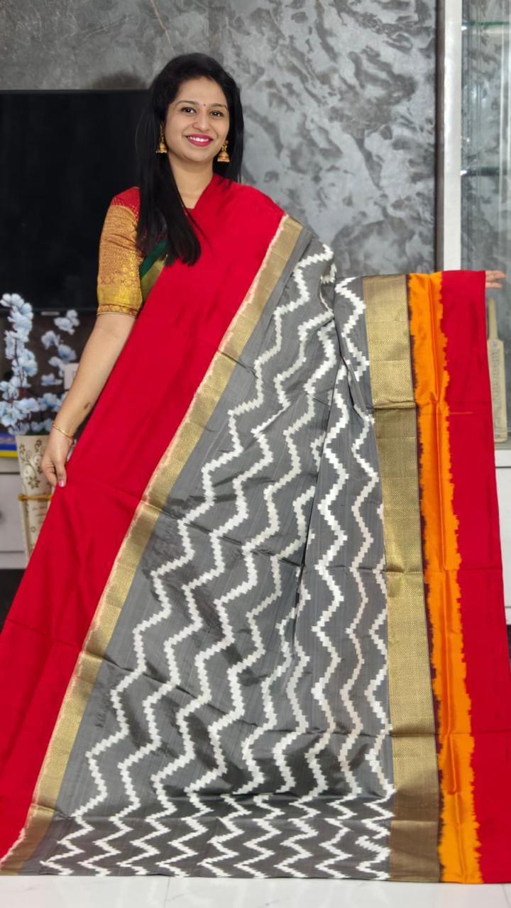 Pure Pochampally Ikkat Silk Body Color GrayBorder Pallu Red - pochampallysarees.com