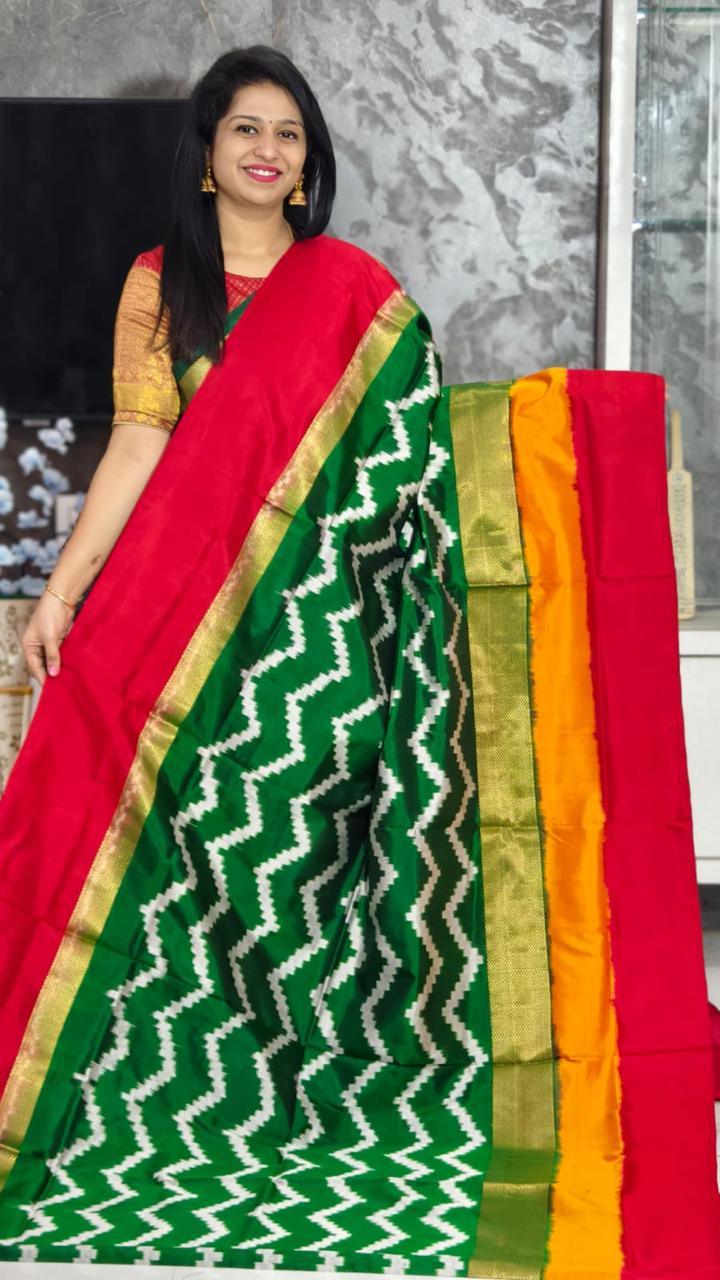 Pure Pochampally Ikkat Silk Body Color Green Border Pallu Red - pochampallysarees.com