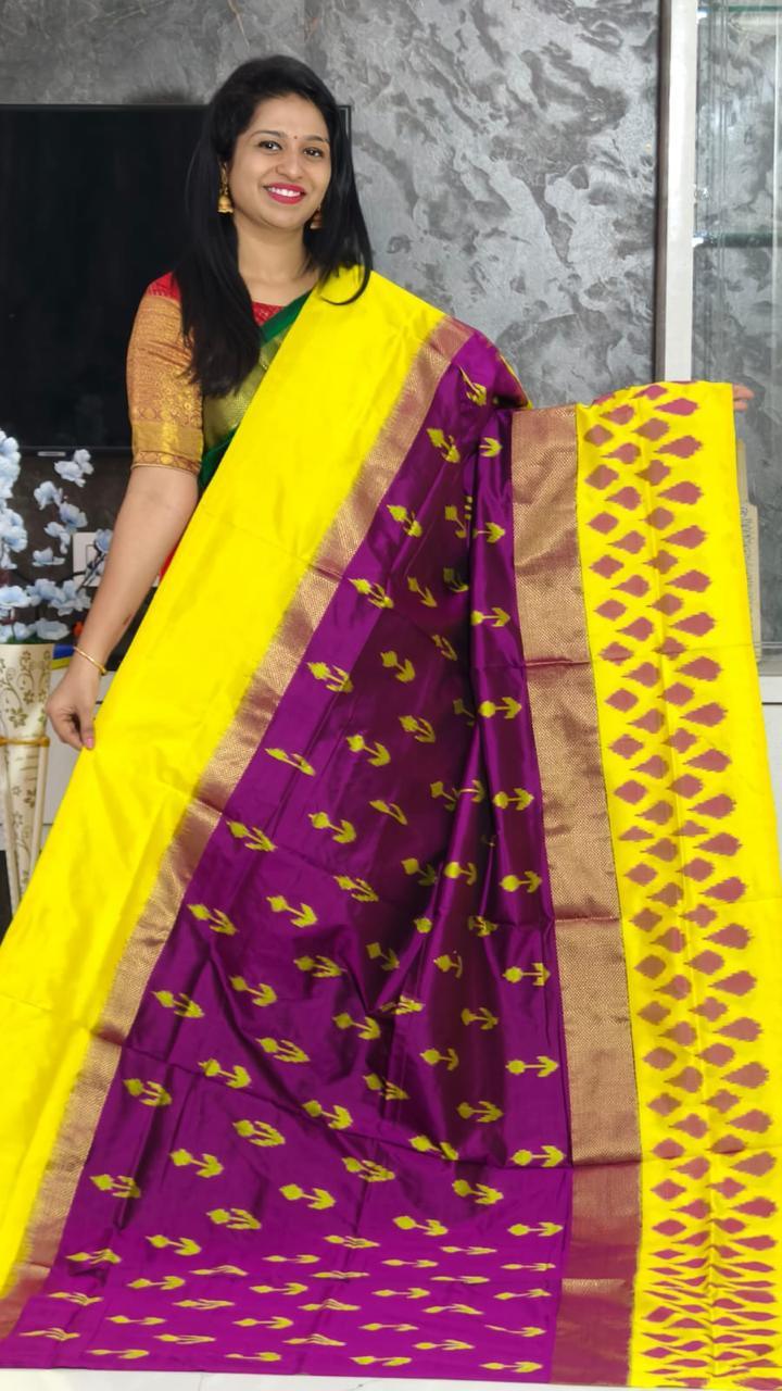 Pure Pochampally Ikkat Silk Body Color Mejenta Pink Border Pallu Yellow - pochampallysarees.com