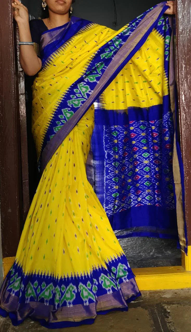 Pure Pochampally Ikkat Silk Body Color Yellow Border Pallu Blue - pochampallysarees.com