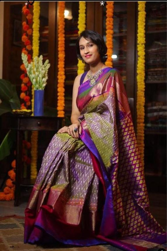 Pure Pochampally Ikkat Silk Brown Purple - pochampallysarees.com