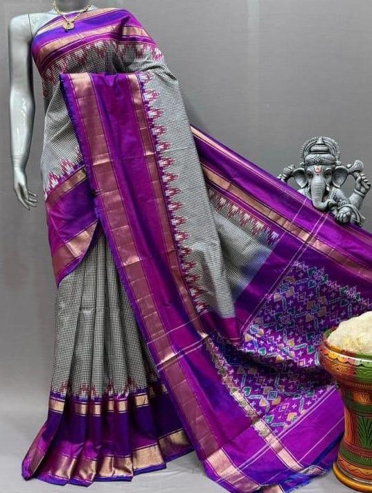 Pure Pochampally Ikkat Silk Checks Purple - pochampallysarees.com