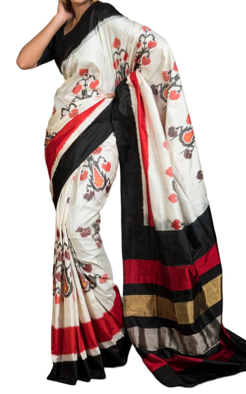 Pure Pochampally Ikkat Silk Cream Black Sari - pochampallysarees.com