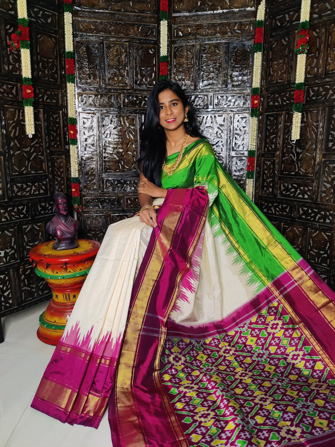 Pure Pochampally Ikkat Silk Cream Pink Green - pochampallysarees.com