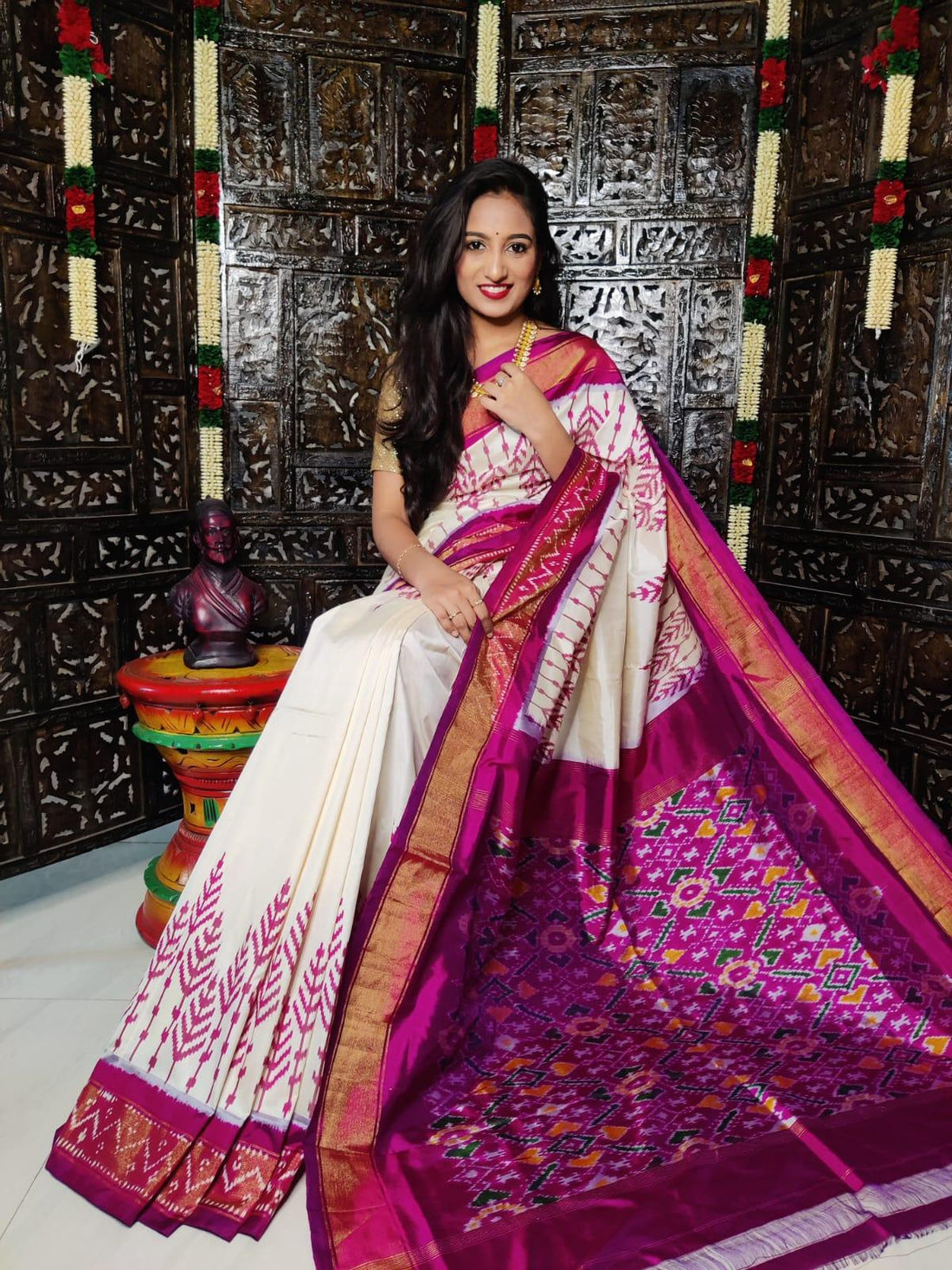 Pure Pochampally Ikkat Silk Cream Purple Online - pochampallysarees.com