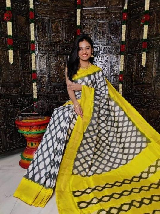 Pure Pochampally Ikkat Silk Gray Yellow - pochampallysarees.com