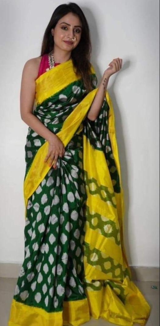 Pure Pochampally Ikkat Silk Green Yellow - pochampallysarees.com