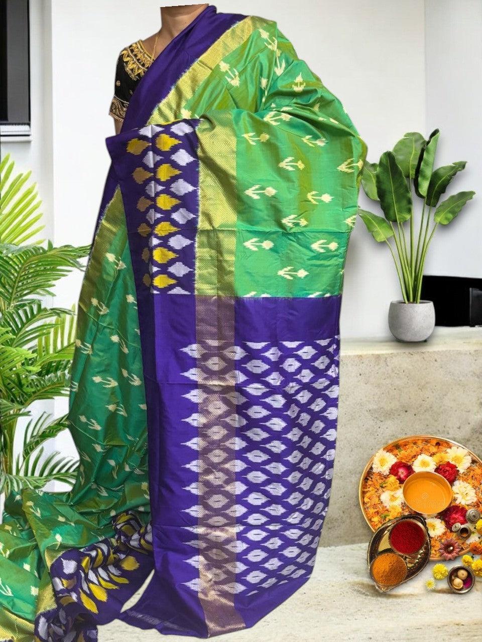 Pure Pochampally Ikkat Silk GreenVoilet Sari - pochampallysarees.com