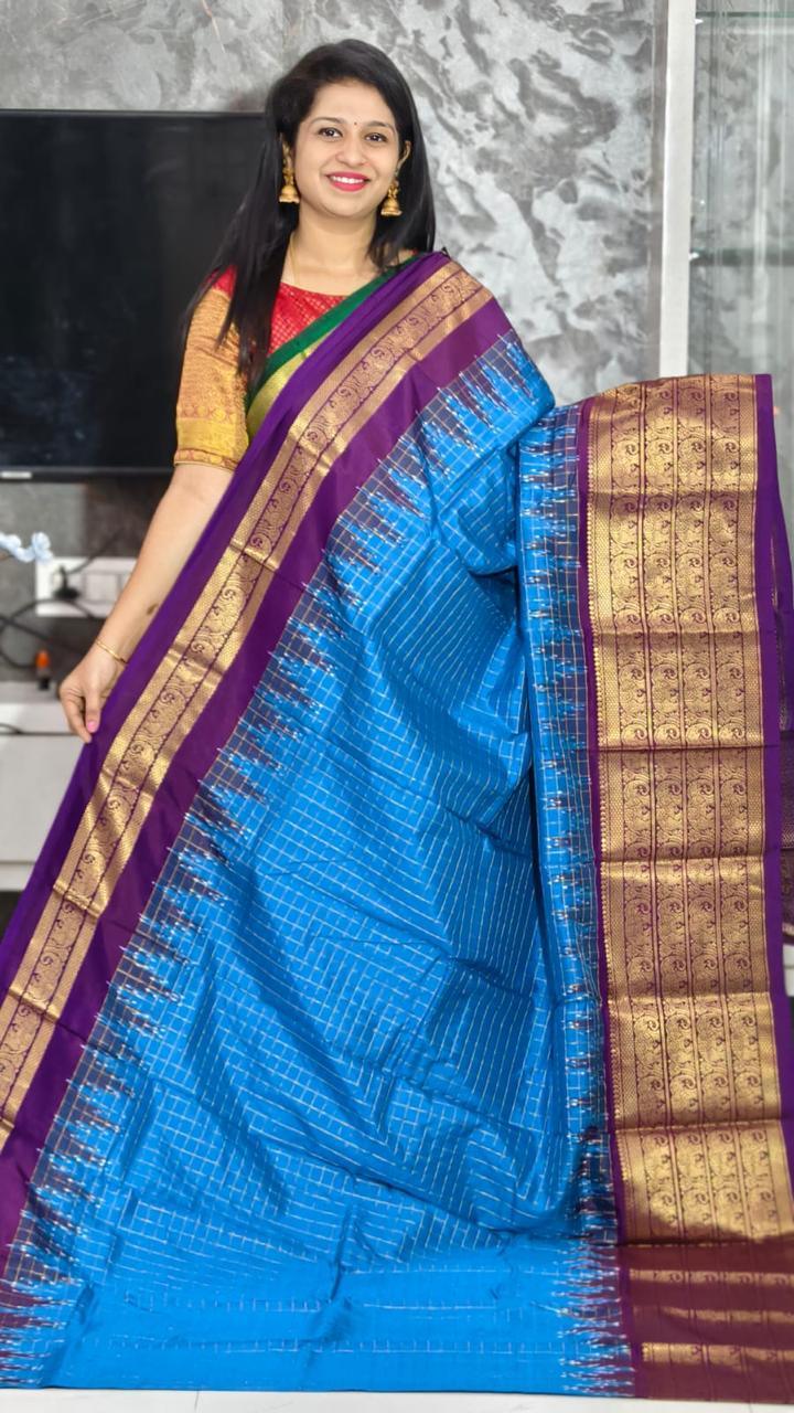 Pure Pochampally Ikkat Silk Kanchi Border Ananda Blue Body Lavender Pallu Same Pallu As Blouse - pochampallysarees.com