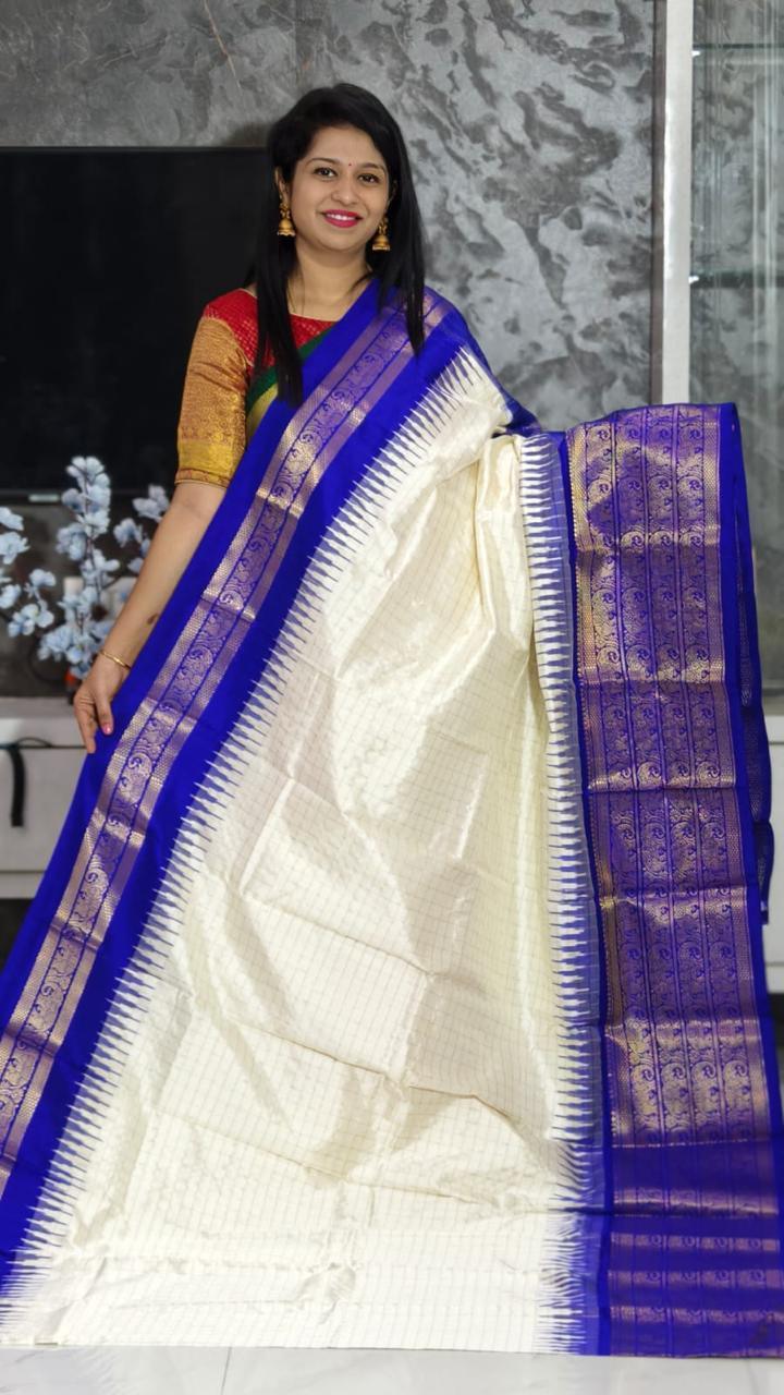 Pure Pochampally Ikkat Silk Kanchi Border Cream Body Ananda Blue Pallu Same Pallu As Blouse - pochampallysarees.com