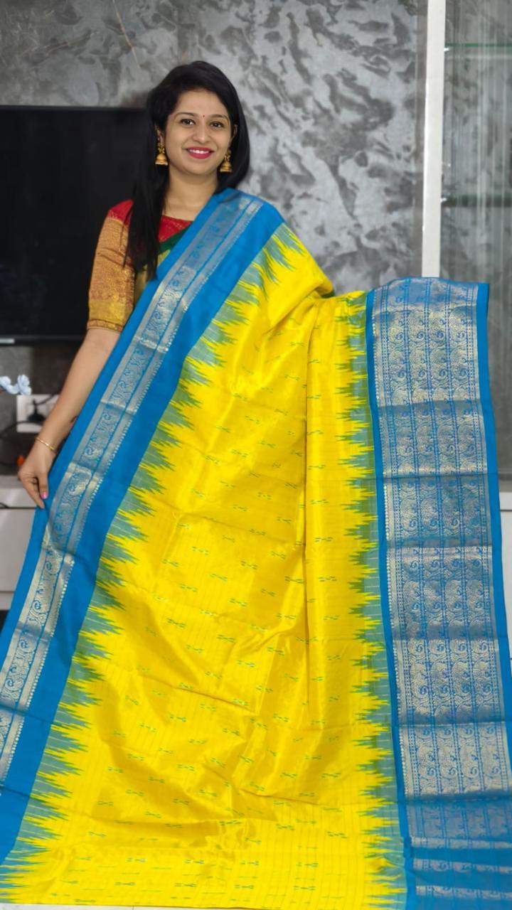 Pure Pochampally Ikkat Silk Kanchi Border Yellow Body Ananda Blue Pallu Same Pallu As Blouse - pochampallysarees.com