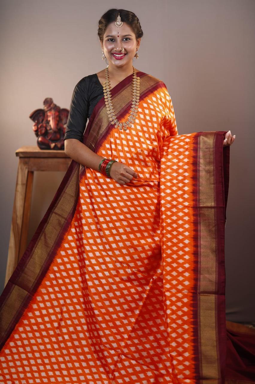 Pure Pochampally Ikkat Silk Orange Maroon - pochampallysarees.com