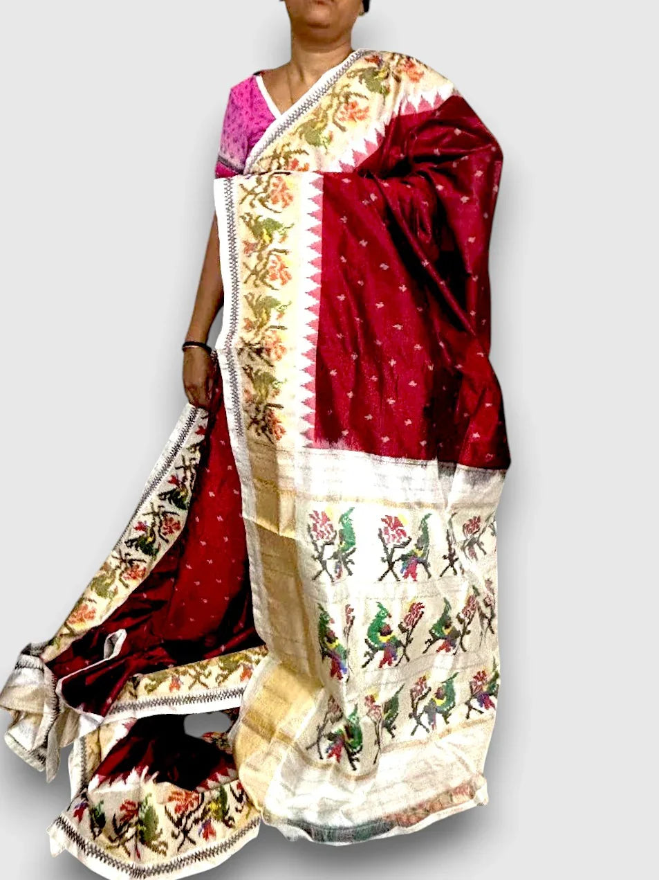 Pure Pochampally Ikkat Silk Patola Red Sari - pochampallysarees.com