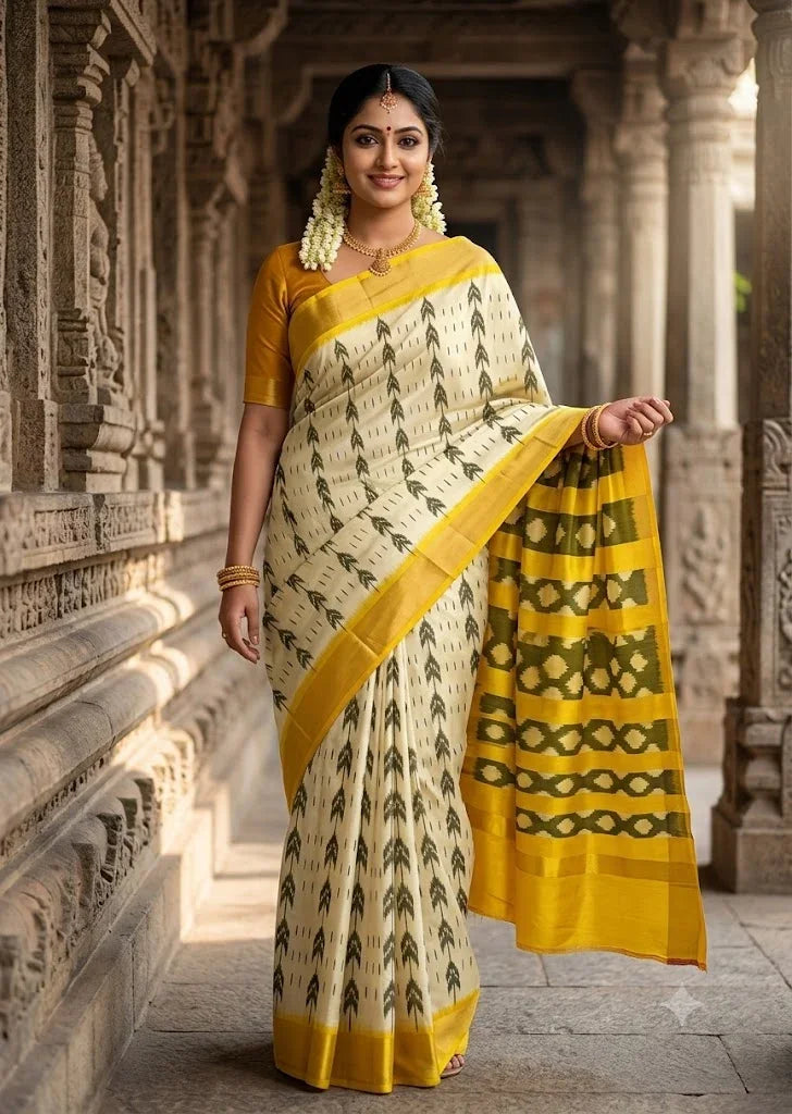 Authentic handloom Pochampally Ikkat silk saree featuring a cream body with green motifs and a mustard yellow geometric pallu, displayed unfolded.