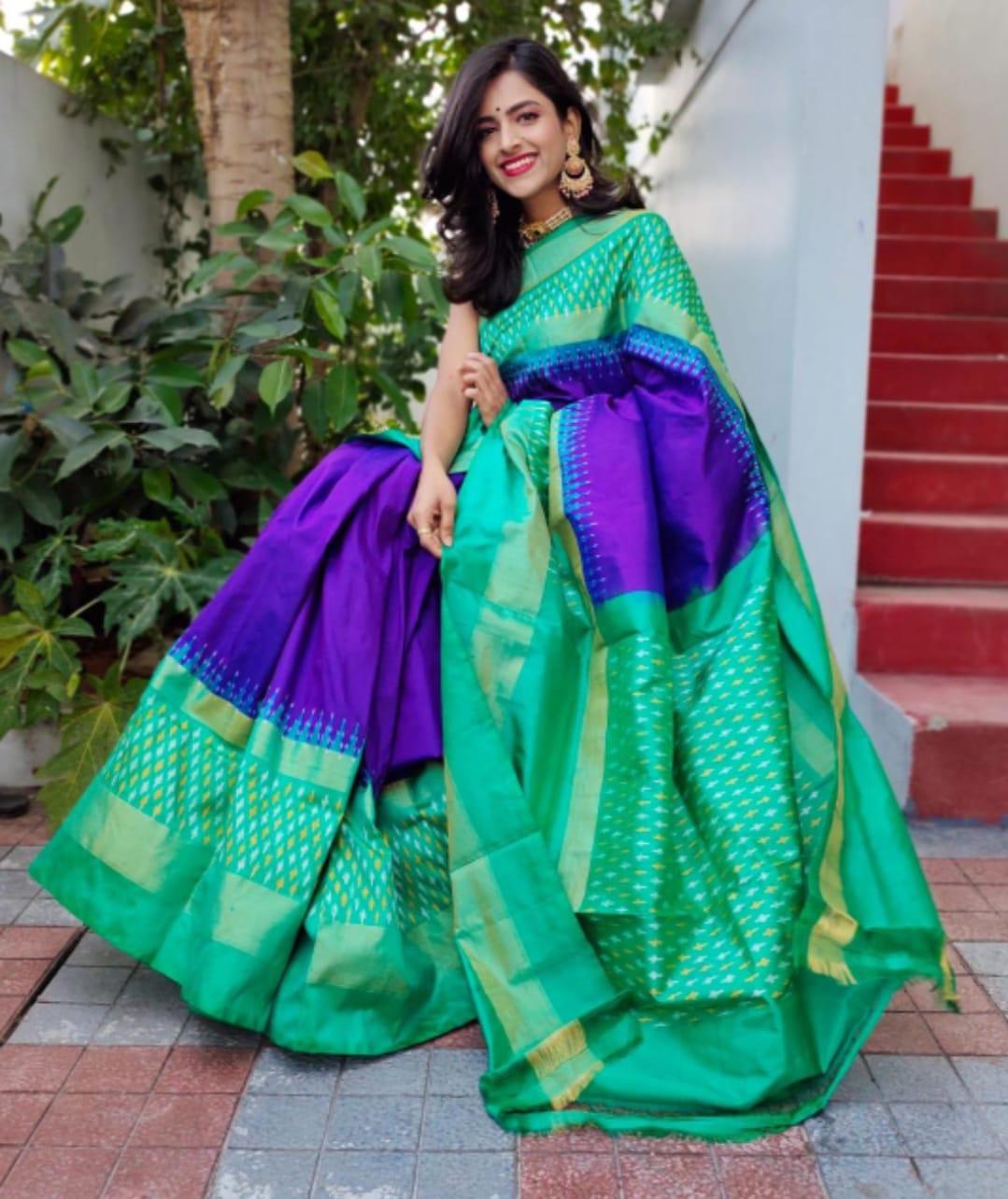 Pure Pochampally Ikkat Silk Voilate Body Sea Green Pallu Same Pallu As Blouse - pochampallysarees.com