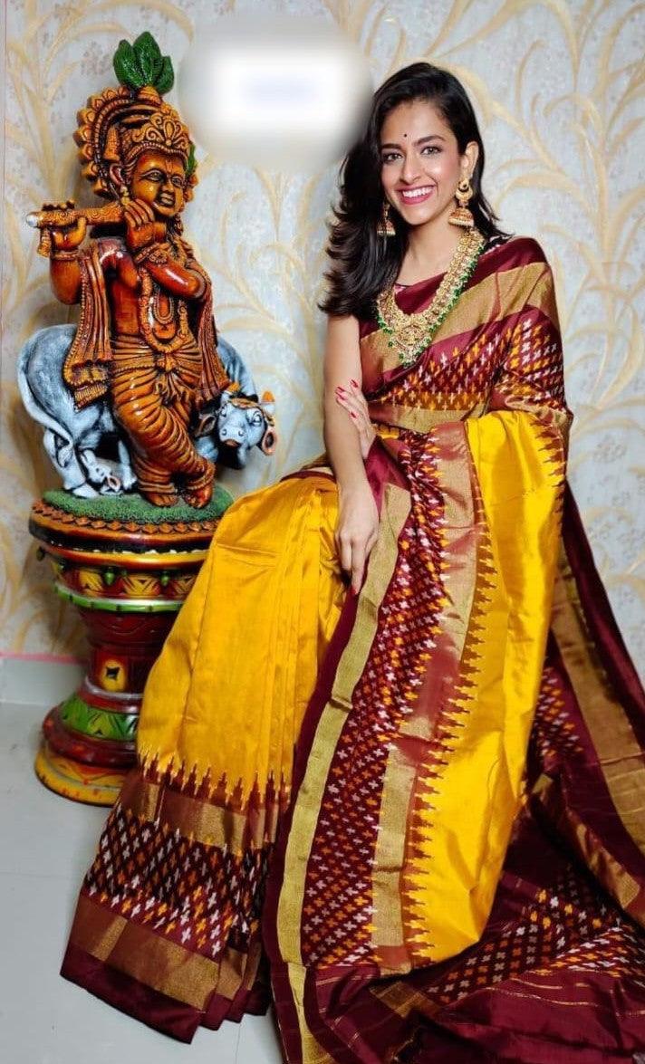 Pure Pochampally Ikkat Silk Yellow Body ChocolatePallu Same Pallu As Blouse - pochampallysarees.com