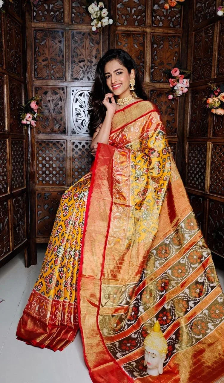 Pure Pochampally Ikkat Tissue Silk Yellow Red Sari - pochampallysarees.com