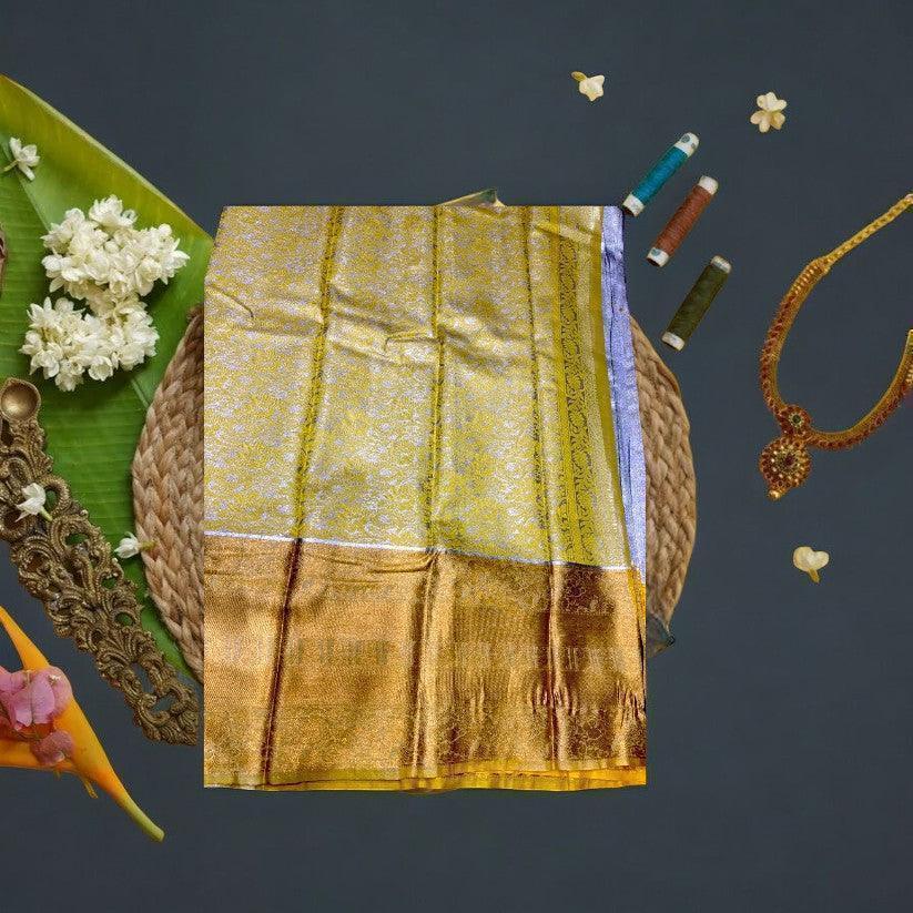 PURE SOFT SILK KANCHI BORDER YELLOW MIDDLE GRAY - pochampallysarees.com