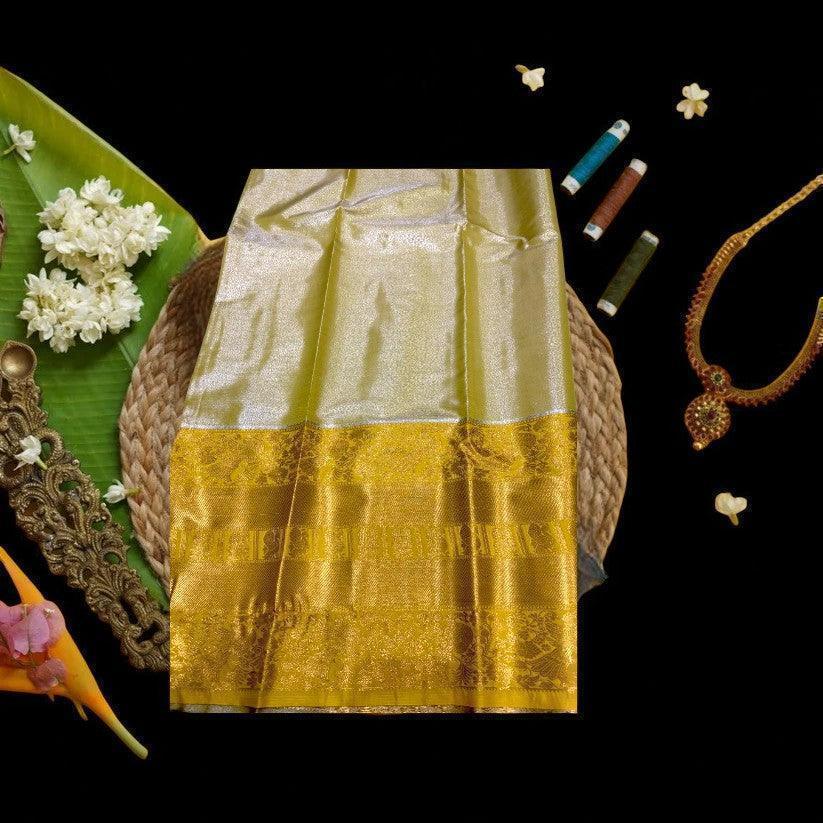 PURE SOFT SILK KANCHI BORDER YELLOW MIDDLE GRAY - pochampallysarees.com