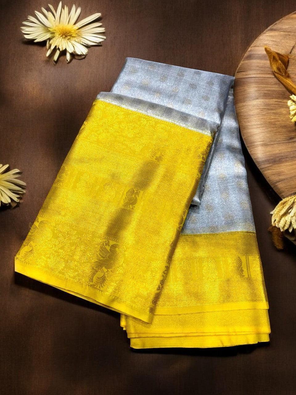 PURE SOFT SILK KANCHI BORDER YELLOW MIDDLE GRAY - pochampallysarees.com