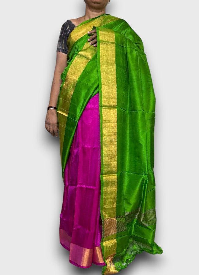 PURE SOFT SILK SAREE PATLI PALLU GREEN BODY PLAIN AND PINK - pochampallysarees.com