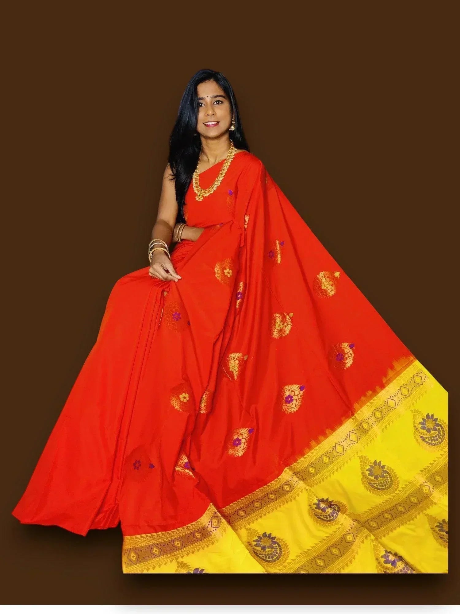PURE SOFT SILK SAREE RED AND YELLOW - pochampallysarees.com
