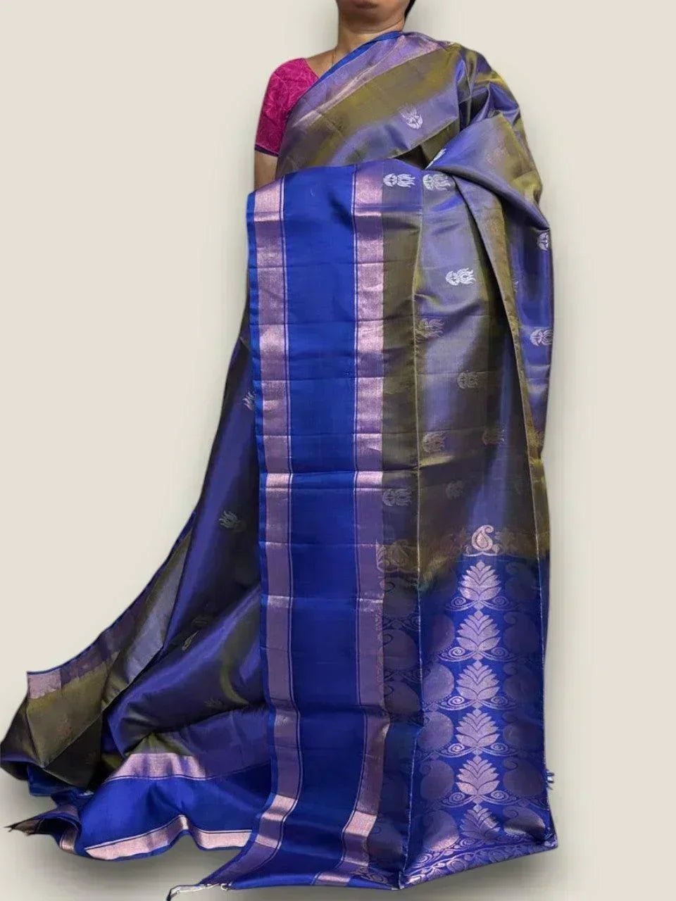 PURE SOFT SILK SAREE SNUFF AND BLUE WITH ALLOVER ZARI WEAVES BUTTAS IN BORDER TISSUE STYLE - pochampallysarees.com