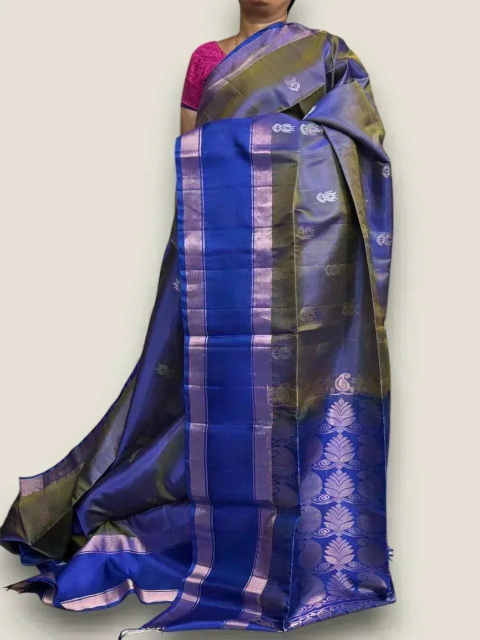 PURE SOFT SILK SAREE SNUFF AND BLUE WITH ALLOVER ZARI WEAVES BUTTAS IN BORDER TISSUE STYLE - pochampallysarees.com