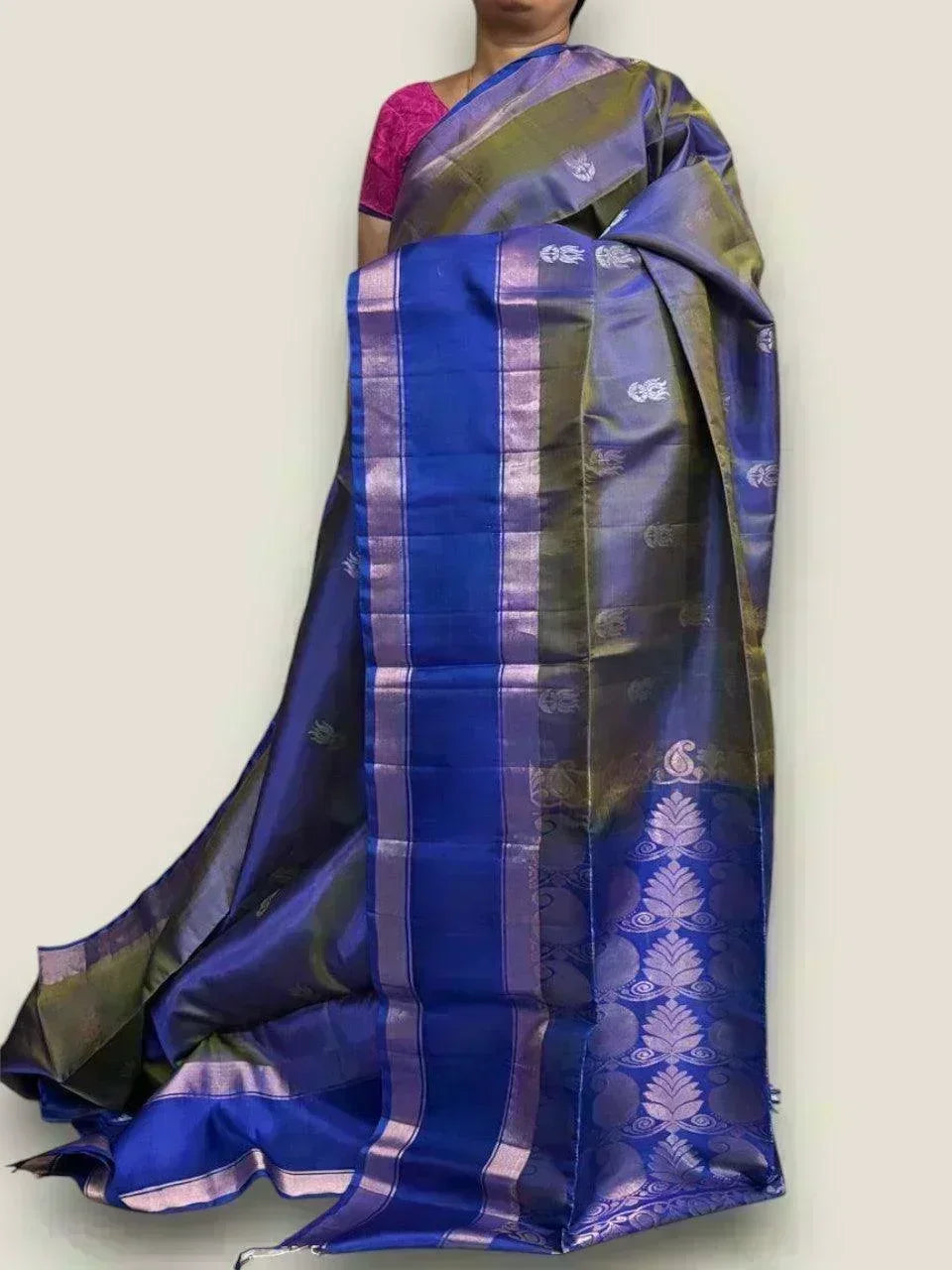 PURE SOFT SILK SAREE SNUFF AND BLUE WITH ALLOVER ZARI WEAVES BUTTAS IN BORDER TISSUE STYLE - pochampallysarees.com