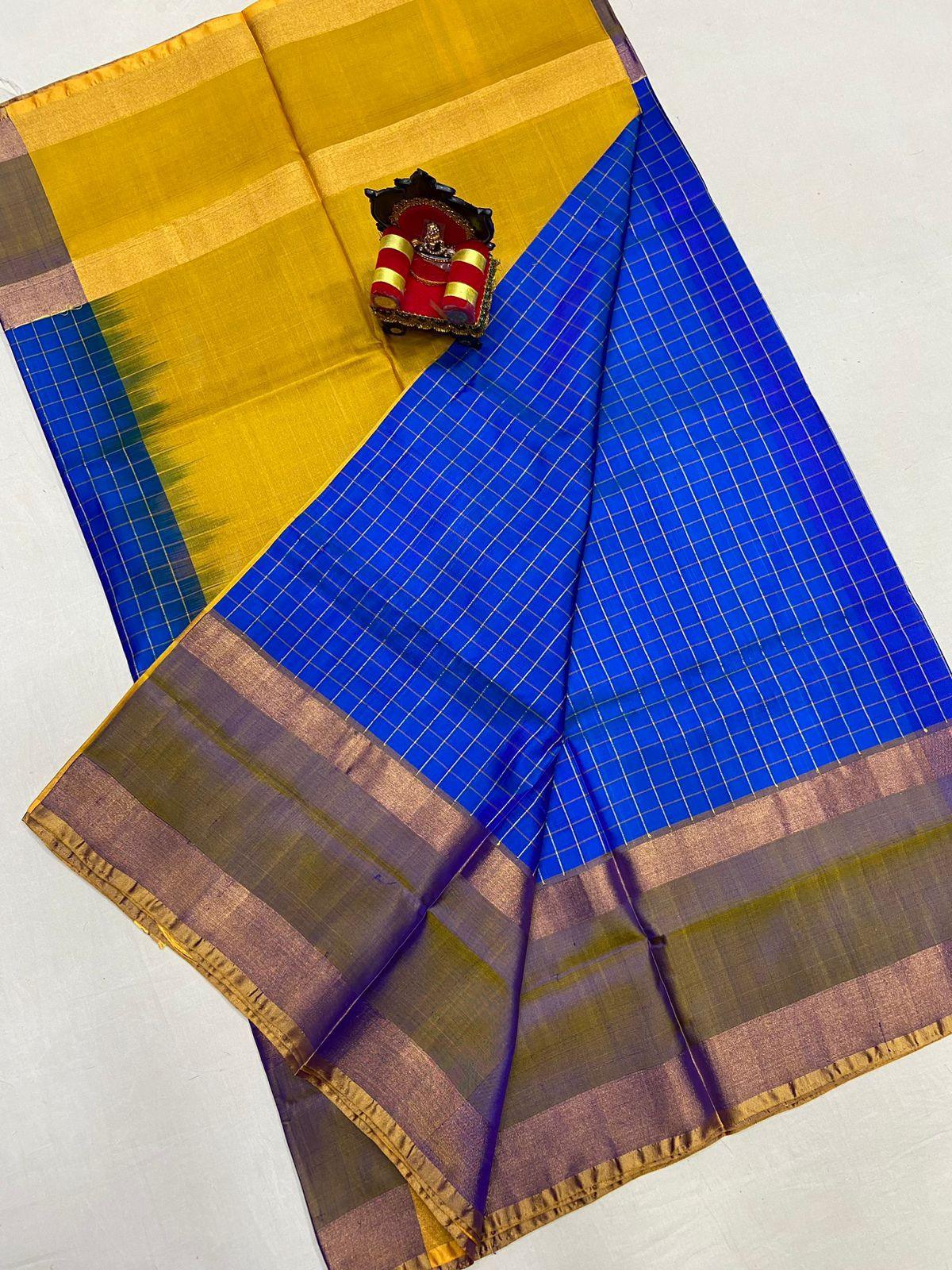 Pure Uppada Silk Blue Yellow Saree - pochampallysarees.com