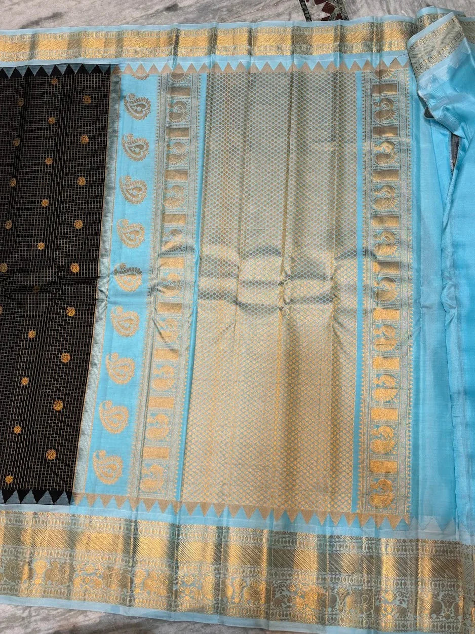 Pure Gadwal Silk Saree in Black & Pastel Blue | Gold Zari Checks & Rich Temple Border Pallu | Traditional Handloom Pattu Saree for Weddings & Festivals - pochampallysarees.com