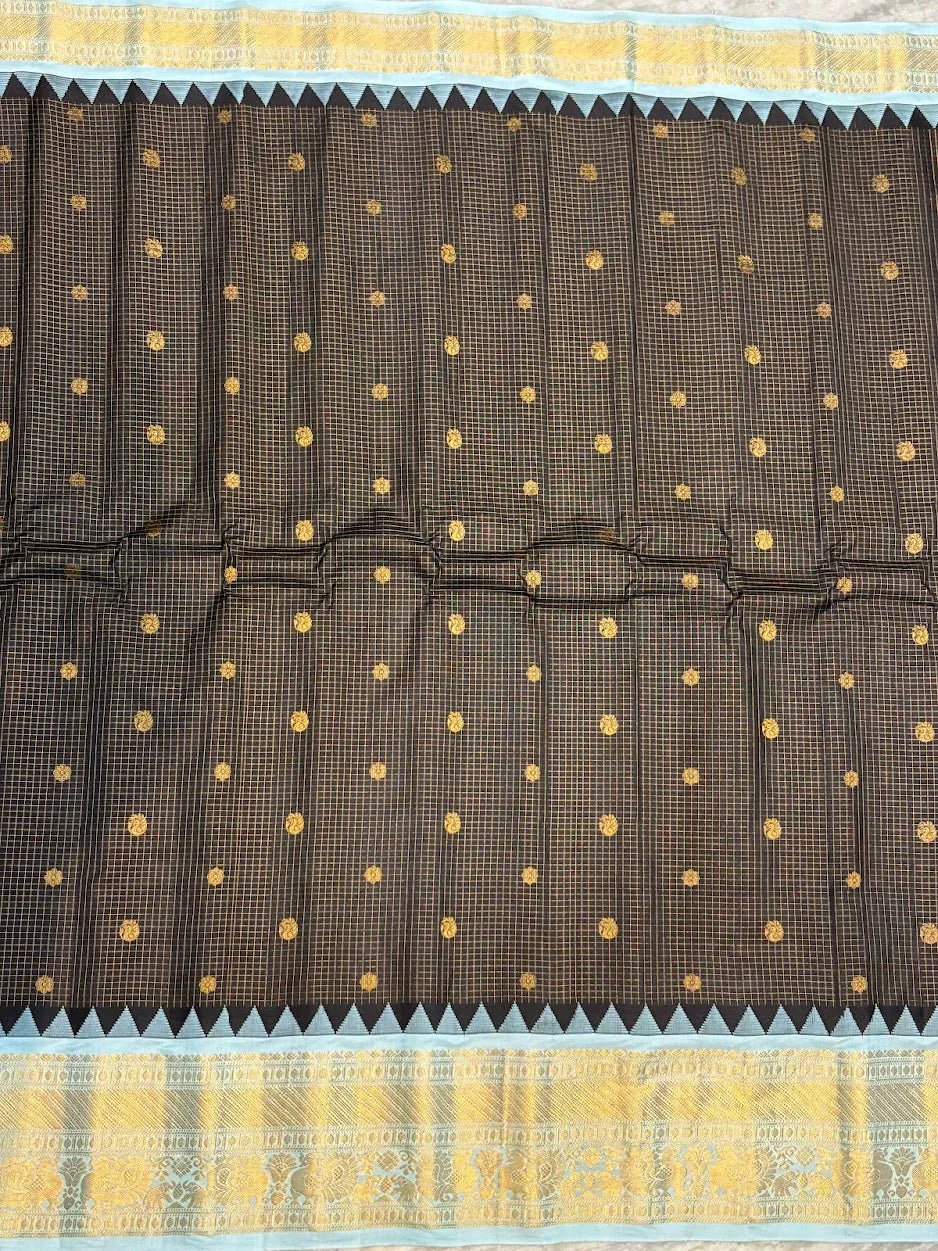 Pure Gadwal Silk Saree in Black & Pastel Blue | Gold Zari Checks & Rich Temple Border Pallu | Traditional Handloom Pattu Saree for Weddings & Festivals - pochampallysarees.com