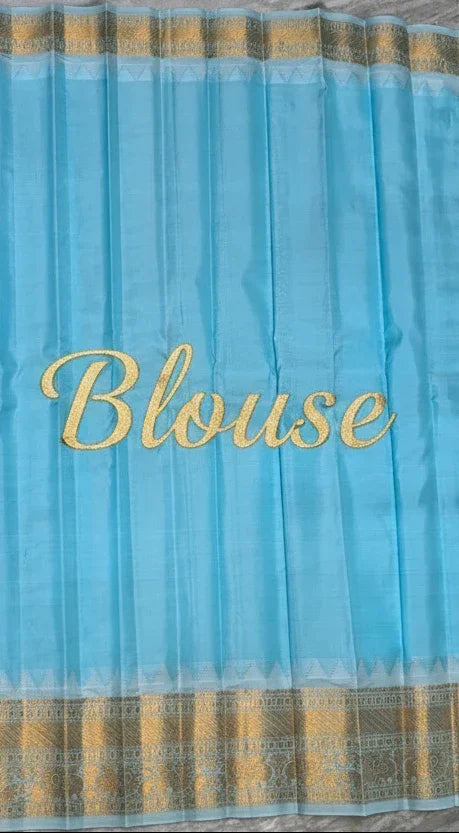 Pure Gadwal Silk Saree in Black & Pastel Blue | Gold Zari Checks & Rich Temple Border Pallu | Traditional Handloom Pattu Saree for Weddings & Festivals - pochampallysarees.com