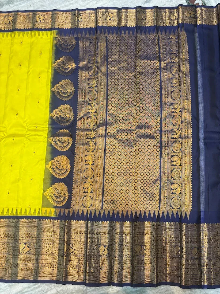 Pure Gadwal Silk Saree in Vibrant Lemon Yellow & Royal Blue | Handwoven Gold Zari Border & Rich Pallu | Traditional Festive Wear - pochampallysarees.com