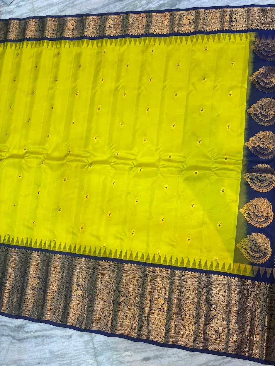 Pure Gadwal Silk Saree in Vibrant Lemon Yellow & Royal Blue | Handwoven Gold Zari Border & Rich Pallu | Traditional Festive Wear - pochampallysarees.com