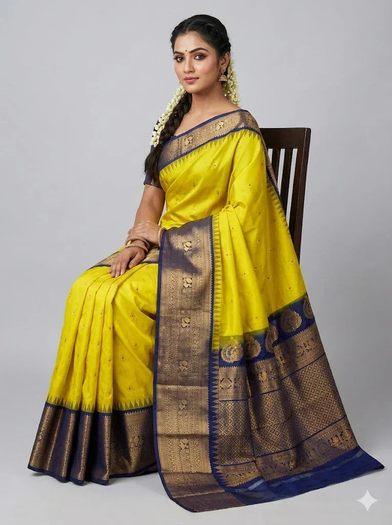 Pure Gadwal Silk Saree in Vibrant Lemon Yellow & Royal Blue | Handwoven Gold Zari Border & Rich Pallu | Traditional Festive Wear - pochampallysarees.com