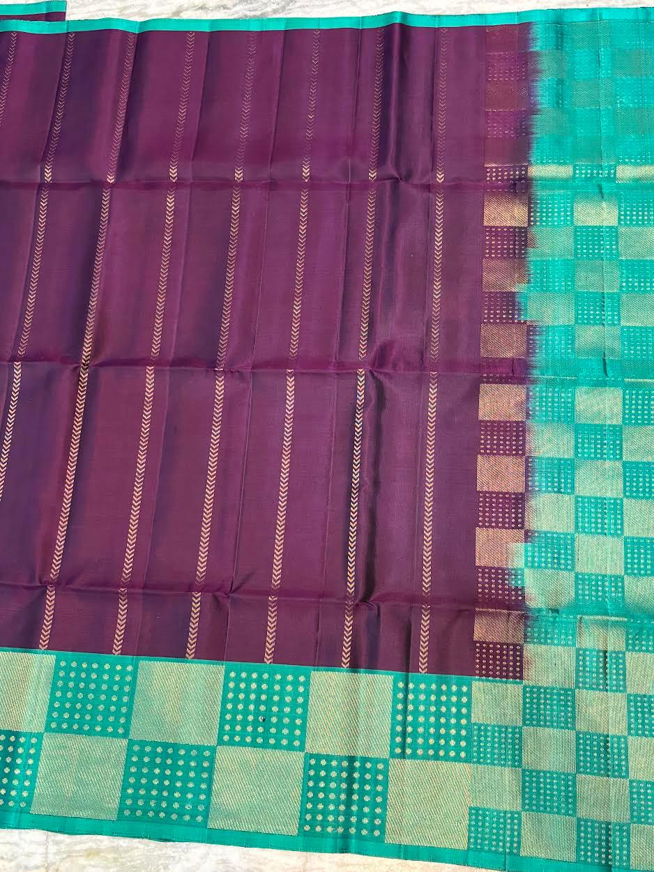 Deep Purple Soft Silk Saree with Sea Green Checkered Border & Vertical Zari Stripes - pochampallysarees.com