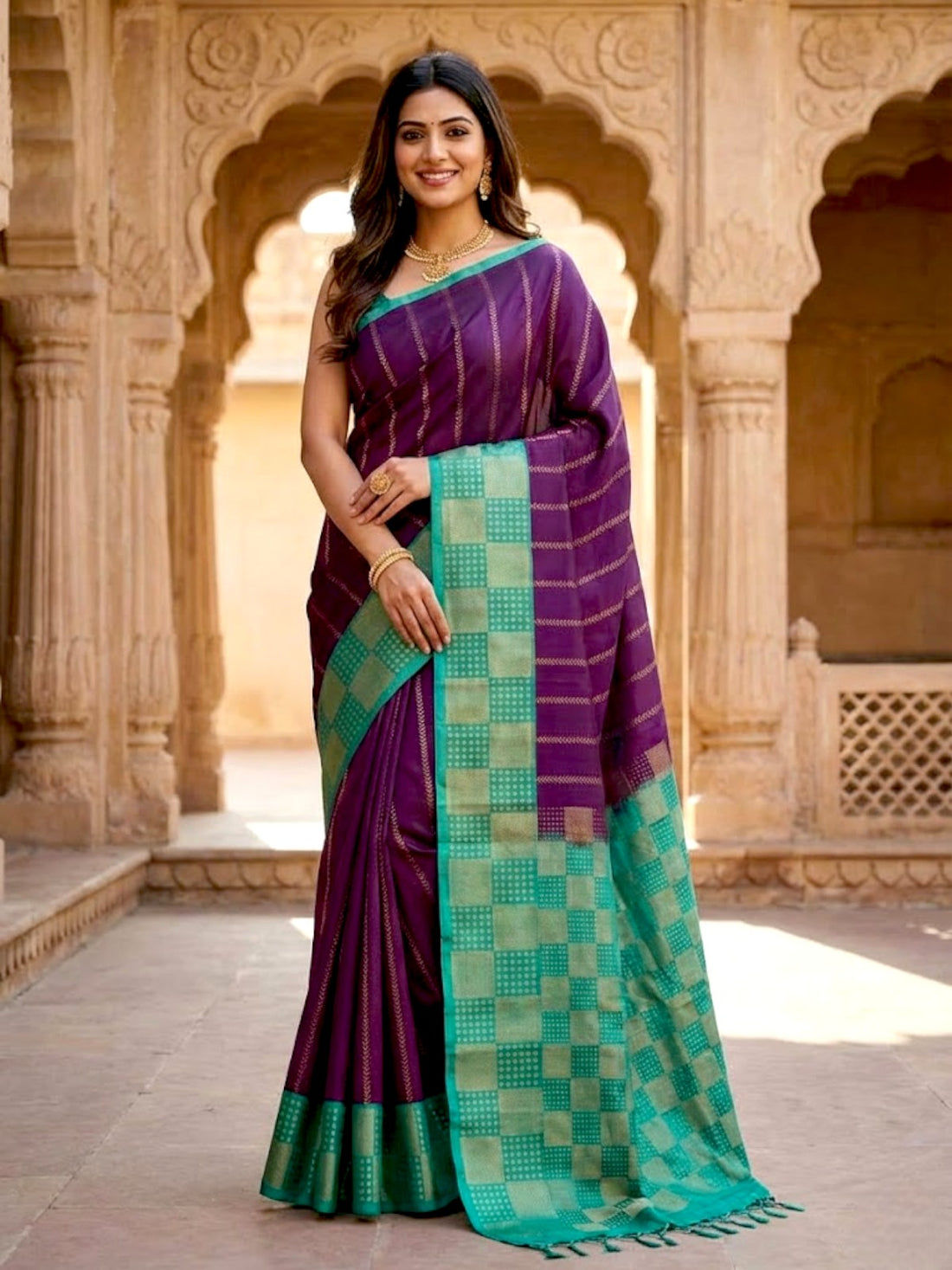 Deep Purple Soft Silk Saree with Sea Green Checkered Border & Vertical Zari Stripes - pochampallysarees.com