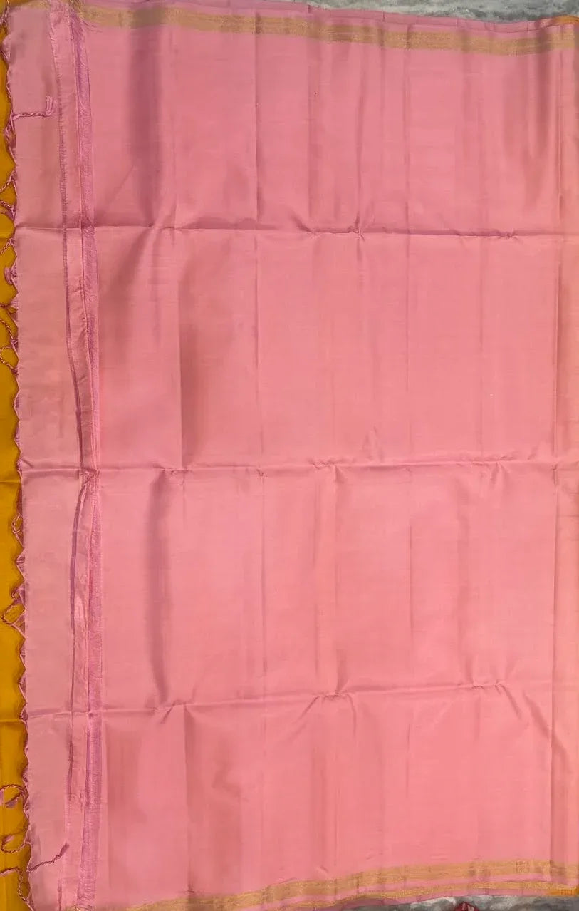 Pink Kanchi Soft Silk Saree Plain Middle Yellow Pallu Pink