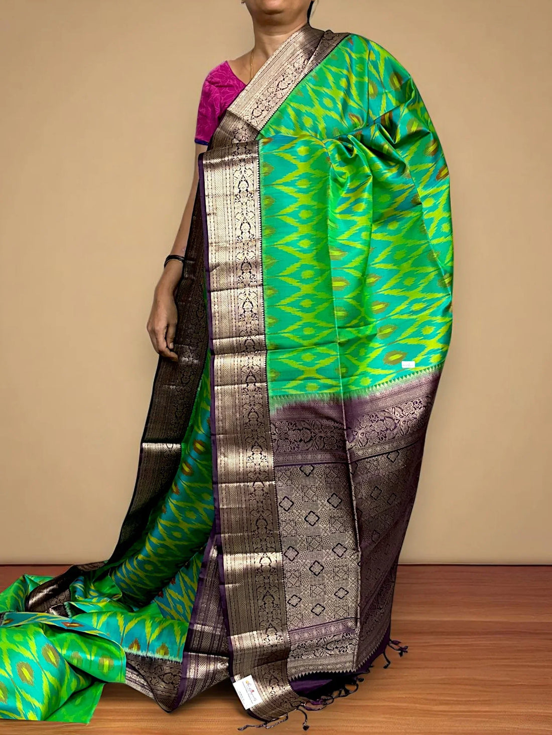 Rama Green Chocolate Color Designer Kanchi Pure Soft Silk Saree - pochampallysarees.com