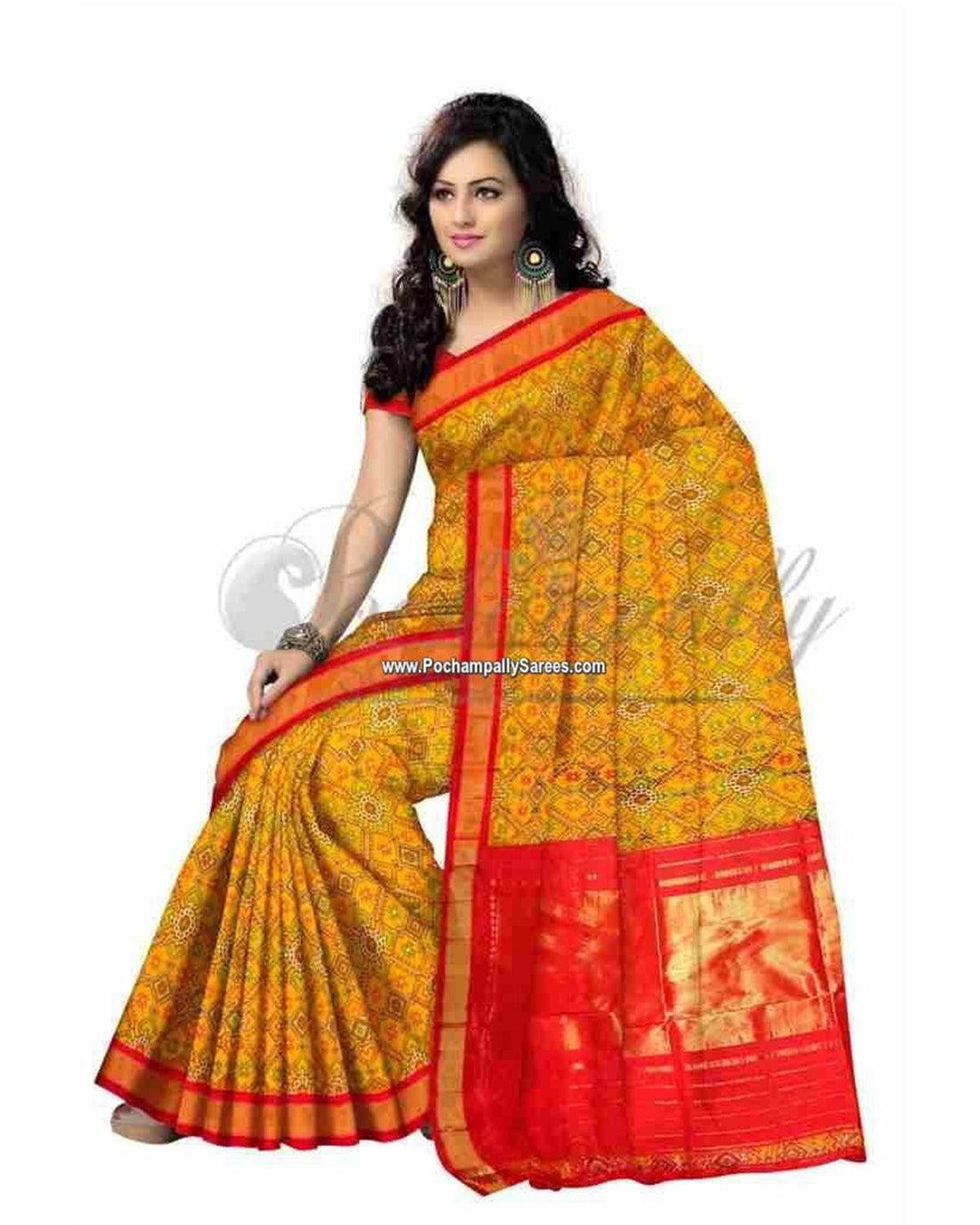 RED AND MUSTARD YELLOW IKKAT SAREE WITH CONTEMPORARY PATTERNS - pochampallysarees.com