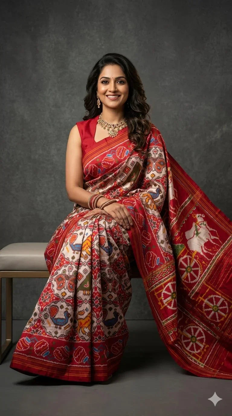 A smiling woman sitting and wearing a traditional red and cream Ikkat Patola silk saree featuring authentic elephant, parrot, and chariot motifs, paired with a matching red sleeveless blouse.