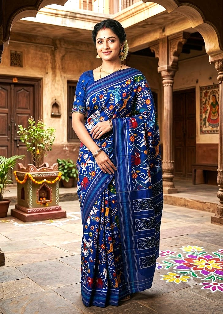 Beautiful woman wearing a traditional royal blue Ikkat Patola silk saree featuring intricate elephant and parrot motifs, standing in a heritage courtyard.