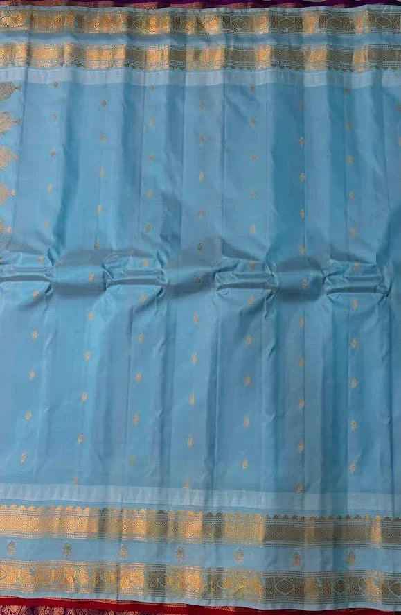 Pure Gadwal Silk Saree in Lavender with Light Blue Border - pochampallysarees.com