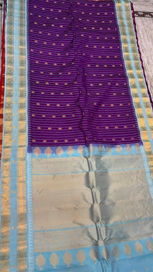 Pure Gadwal Silk Saree in Lavender with Light Blue Border - pochampallysarees.com