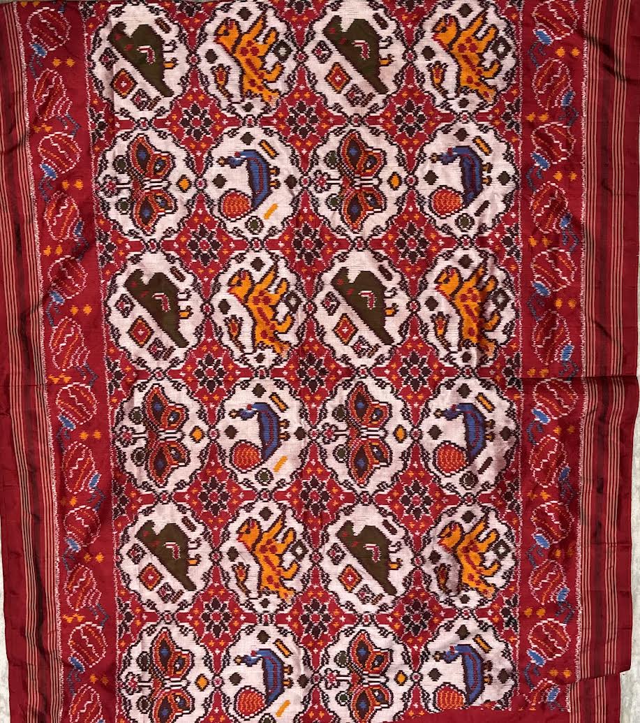 Authentic Pochampally Ikkat Patola Silk Saree with Traditional Elephant & Cart Motifs - pochampallysarees.com