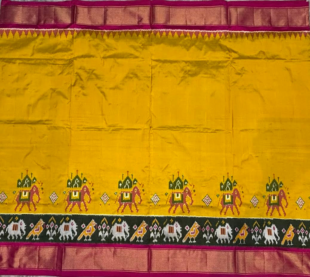 Authentic Pure Ikkat Silk Saree in Yellow & Magenta with Traditional Motifs
